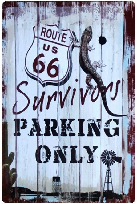 Route Us 66 Survivors Parking Only Typography Vintage Metal Signs Retro Metal Tin Signs for Wall Hanging And Wall Decor
