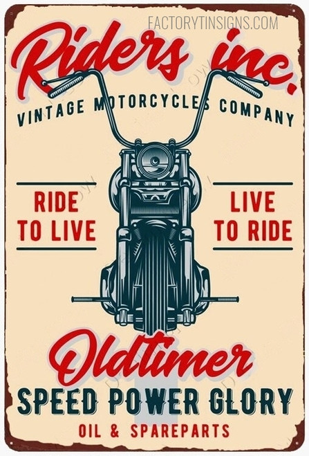 Riders Inc Vintage Motorcycles Company Typography Vintage Metal Signs Retro Metal Tin Signs for Living Room Design And Wall Décor