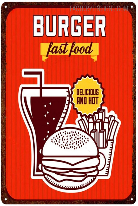 Burger Fast Food Delicious And Hot Typography Food Vintage Metal Signs Retro Metal Signs for Wall Hanging And Wall Décor