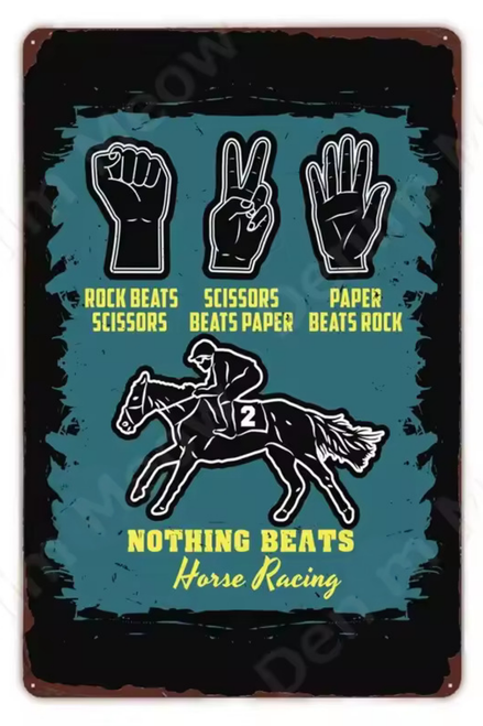 Classic Game Of Rock Paper Scissors Modern Novelty Metal Tin Sign Featuring A Horse Racing Twist Quote Artwork Animal Art Advertisement Poster Metal Tin Signs Best Prints For Home