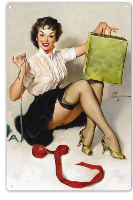 Surprise Package 1954 Mid Century American Pin Up Painting Titled "Wrapped In Suspense" Figure Art Metal Art On Wall Metal Tin Signs Tin Poster Vintage Metal Signs For Sale For Wall Hangings