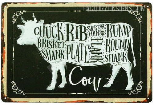 Cow Silhouette Animal Vector Illustration Vintage Typography Metal Tin Sign for Restaurant Wall Décor