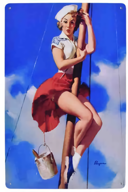 Sailor Girl On Boat Mast Sitting Painted By The Famous Artists Gil Elvgren Famous Paintings Vintage Metal Signs Vintage Tin Signs For Wall Accents