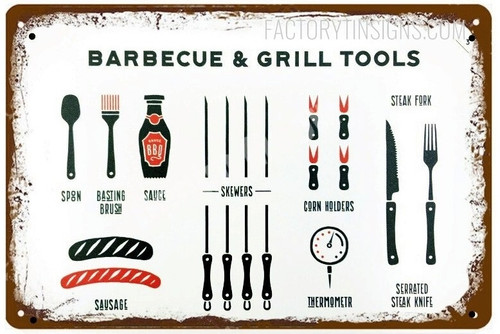 Barbecue & Grill Tools Vector Illustration Vintage Typography Metal Tin Sign for Kitchen Décor