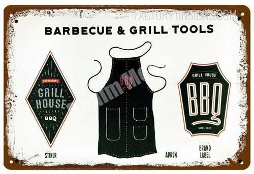 Barbecue & Grill Tools Vector Illustration Vintage Typography Metal Tin Sign for Kitchen Decoration