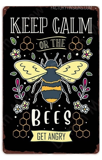 Bees Get Angry Typography Floral Vintage Metal Tin Signs Retro Metal Tin Signs for Office Décor & Room Décor