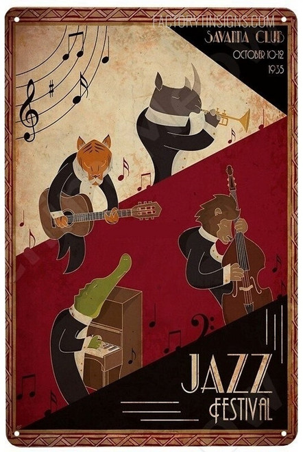 Jazz Festival Animal Retro Instrument Music Typography Tin Sign for Home Décor Wall Art Poster