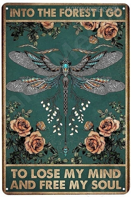 Into The Forest Dragonfly Insect Vintage Typography Retro Metal Tin Sign for Wall Decoration