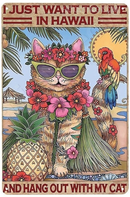 Hawaii Cat Typography Animal Retro Metal Tin Signs Vintage Tin Sign for Room Décor And Home Décor