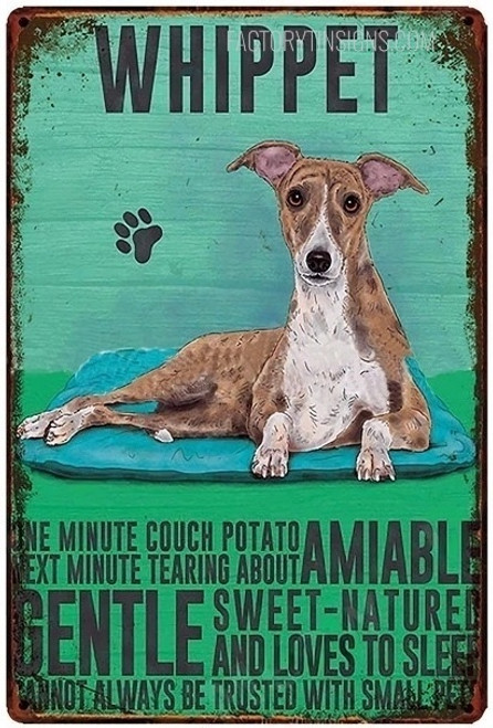 Whippet Animal Typography Vintage Poster Dog Metal Tin Sign for Wall Art Decoration