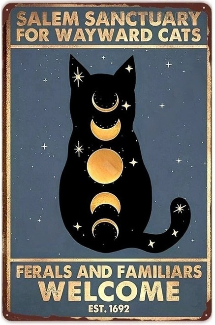 Ferals And Familiars Welcome Animal Typography Halloween Retro Metal Poster Black Cat Tin Sign for Wall Art Decoration