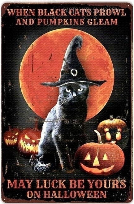 May Luck Be Yours On Halloween Witchcraft Animal Typography Retro Metal Poster Black Cat Tin Sign for Wall Art Decoration