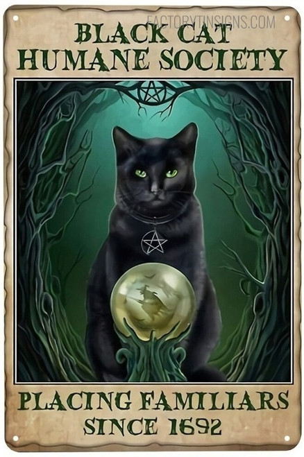 Black Cat Humane Society Animal Witchcraft Typography Vintage Metal Tin Sign Poster for Wall Art Decoration