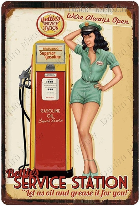 Bettie’s Service Station Pin Up Girl Figure Vintage Typography Garage Plaque Reproduction Metal Sign Poster for Fuel Station