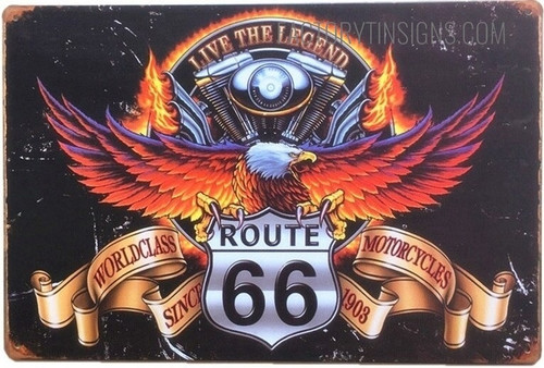 Route 66 with Eagle Typography Motorcycle Metal Plaque Mancave Garage Signs for Bike Wall Décor