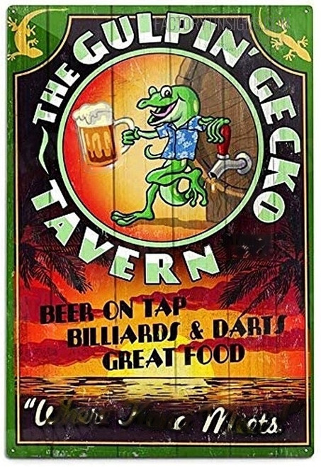 The Gulpin Gecko Tavern Vintage Typography Metal Sign Retro Travel Poster for Pub Bar Wall Décor