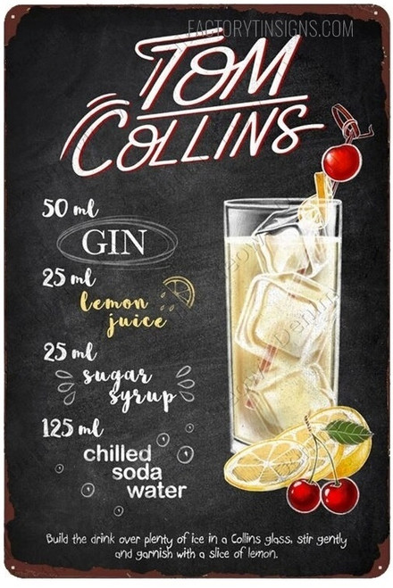 Tom Collins Typography Vintage Cocktail Tin Sign Recipes Poster for Gin Tin Sign for Chalkboard Style Bar Party Décor