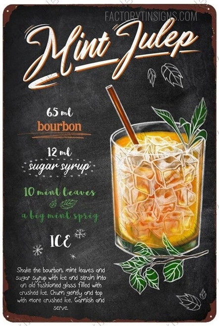 Mint julep Vintage Typography Cocktail Recipe Metal Tin Sign Wall Art Poster for Man Cave