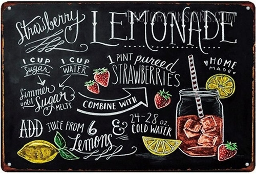 Strawberry Lemonade Typography Vintage Menu Tin Sign Metal Poster for Home Bar Pub Café Room