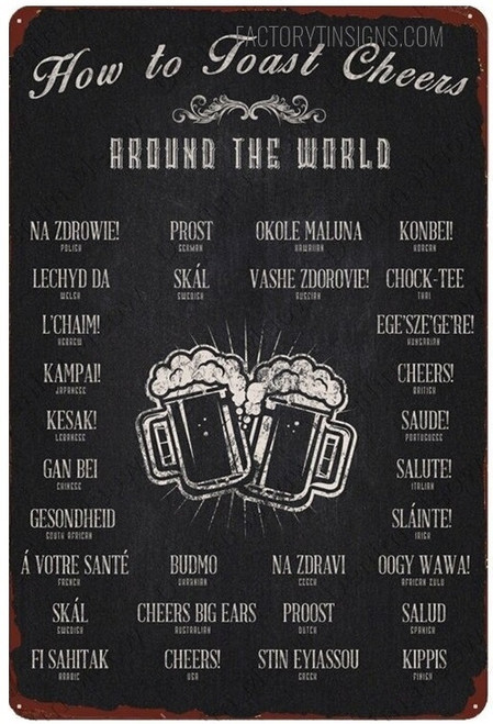 How to Toast Cheers Around the World Typography Vintage Blackboard Menu Tin Sign Metal Poster for Kitchen Bar Pub Café