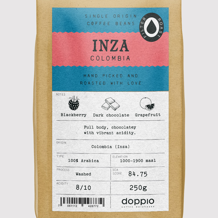 Colombia Inza Single Origin Coffee Beans in 250g Bag Size at