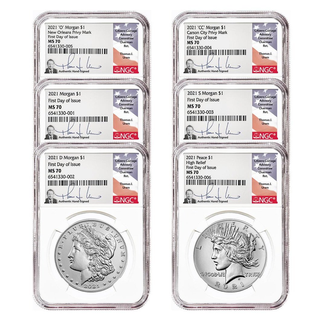 Bullionshark 2021 Morgan and Peace Dollar NGC MS70 ﻿FDI 6-pc Complete Set - Thomas Uram Signed (Bullion Shark Exclusive!) 