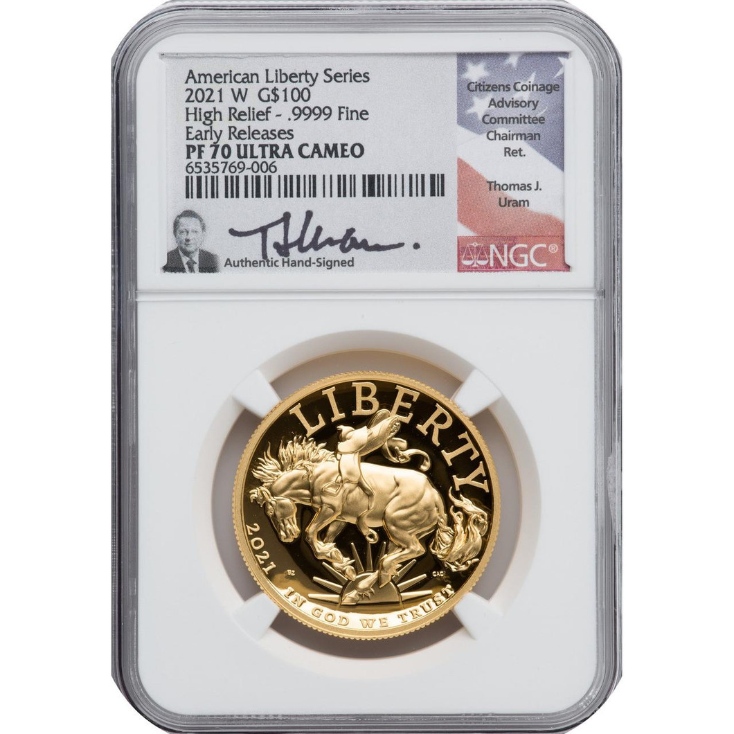 Bullionshark 2021-W $100 High Relief Gold Liberty NGC PF70 UCAM Early Release Thomas Uram Signed