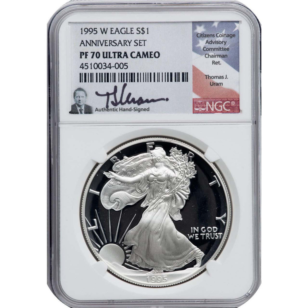 Bullionshark 1995-W $1 Proof Silver Eagle NGC PF70 UCAM Thomas Uram Signed