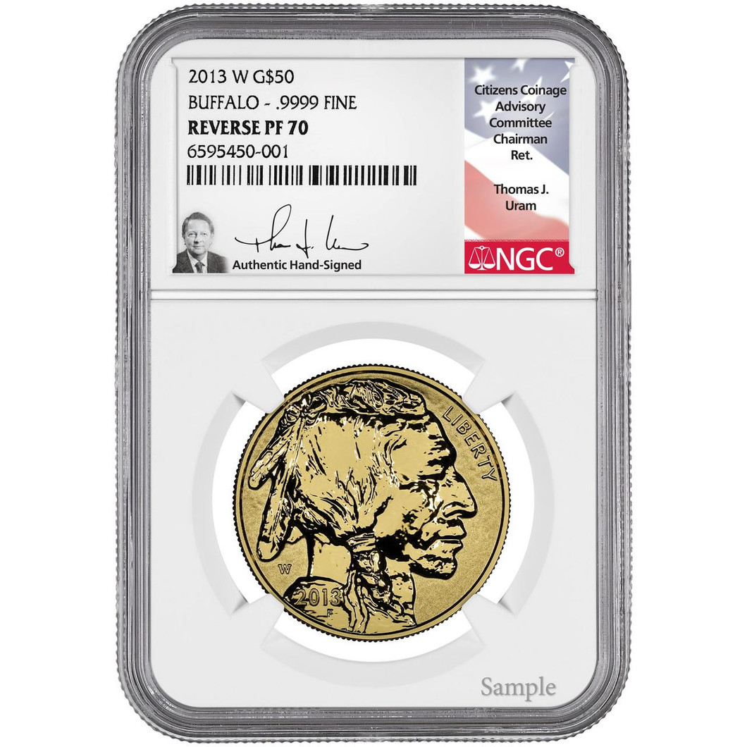 Bullionshark 2013-W $50 Reverse Proof Gold Buffalo NGC PF70 UCAM 100th Anniversary Thomas Uram Signed