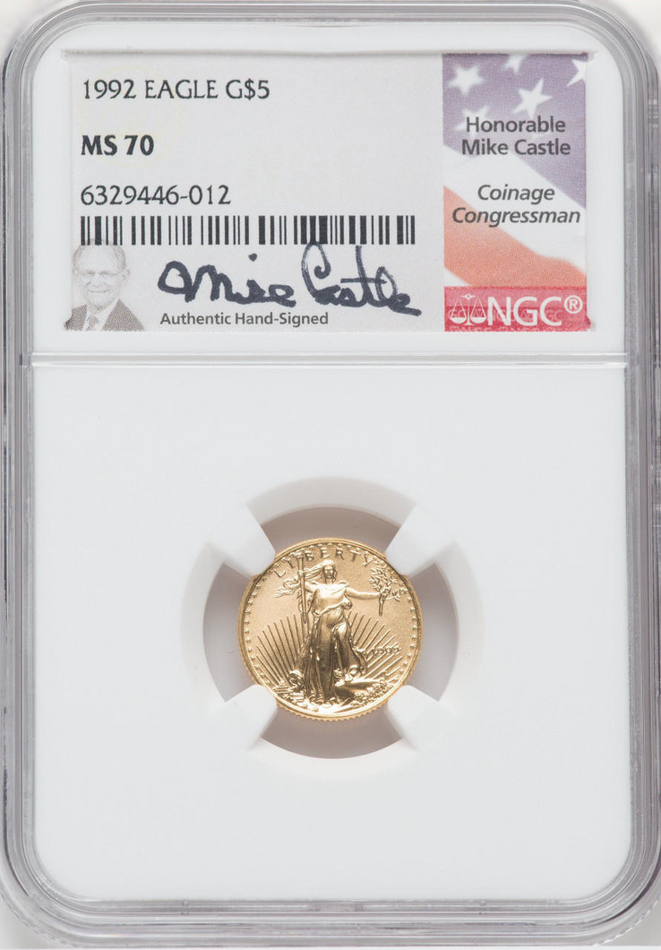 Bullionshark 1992 $5 Gold Eagle NGC MS70 Mike Castle Signed