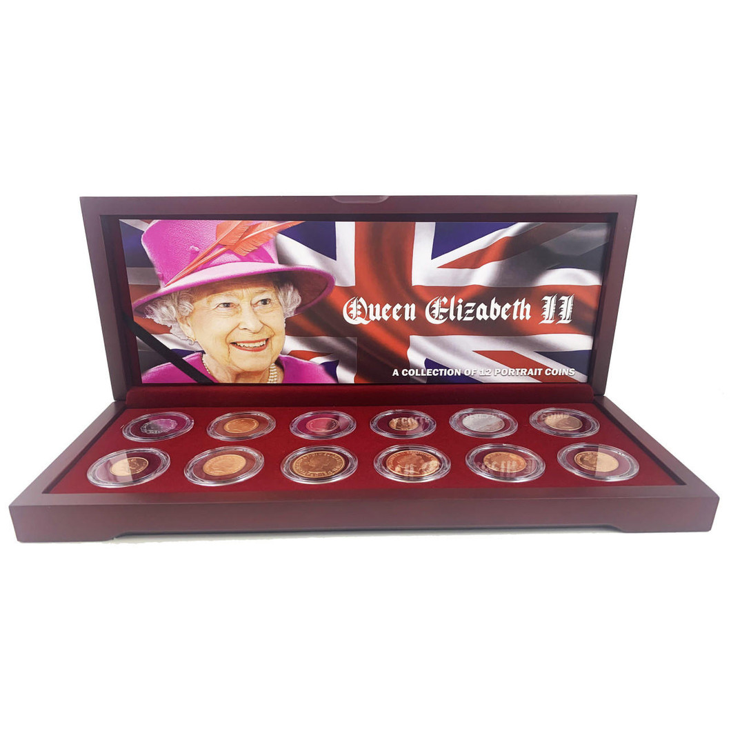 Bullionshark Queen Elizabeth II: A Collection of 12 Portrait Coins (Wooden Box Set) 