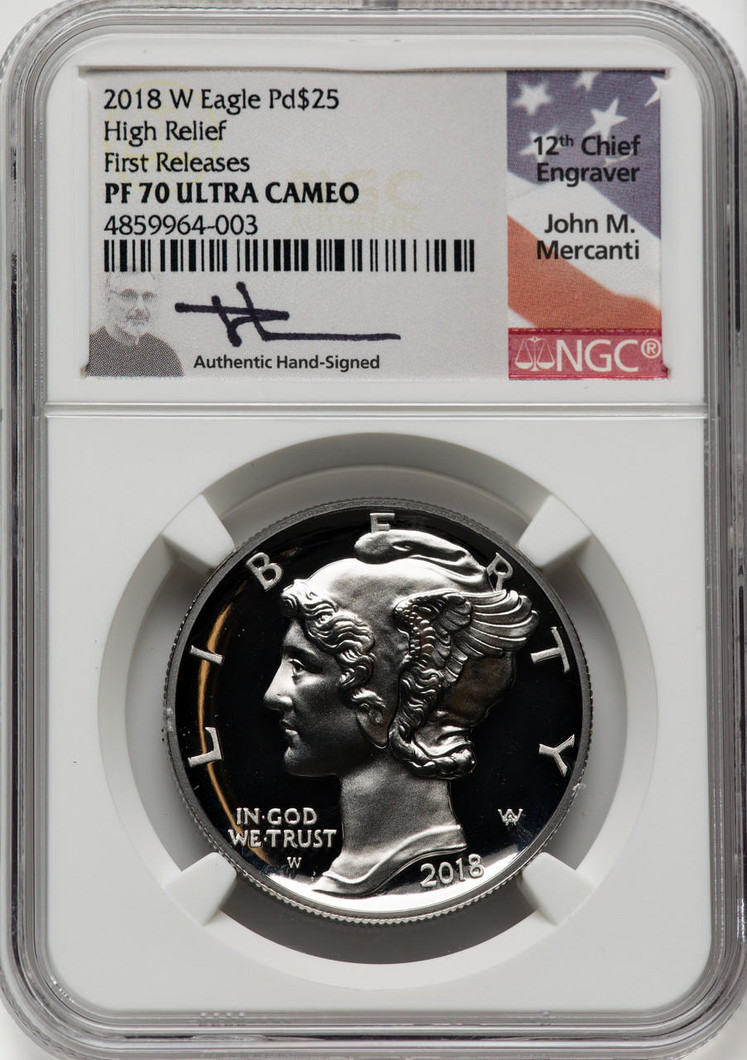 Bullionshark 2018-W  $25 High Relief Reverse PF Palladium Eagle NGC PF70 UCAM Mercanti Signed