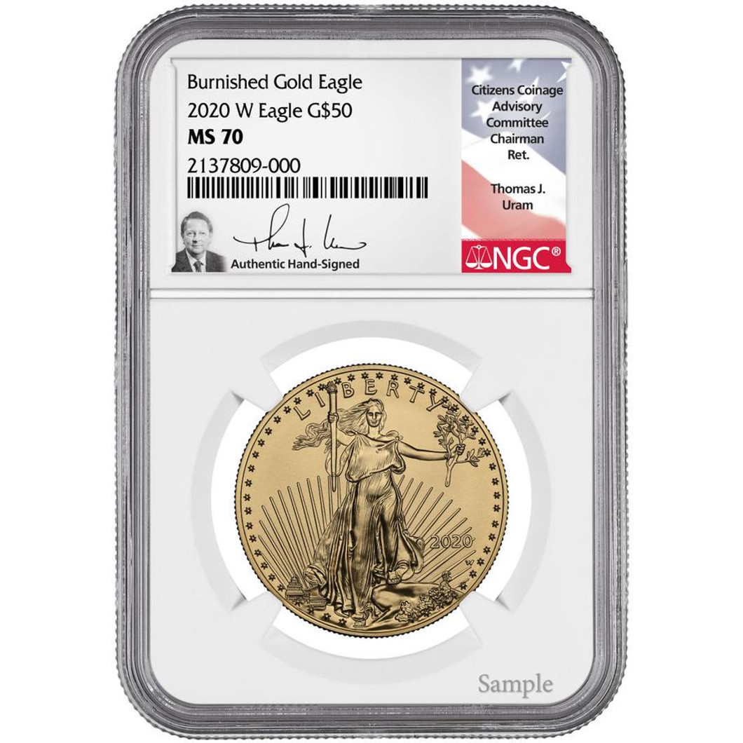 Bullionshark 2020-W $50 Burnished Gold Eagle NGC MS70 Thomas Uram Signed 