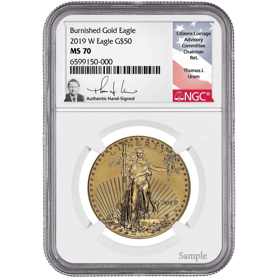 Bullionshark 2019-W $50 Burnished Gold Eagle NGC MS70 Thomas Uram Signed 