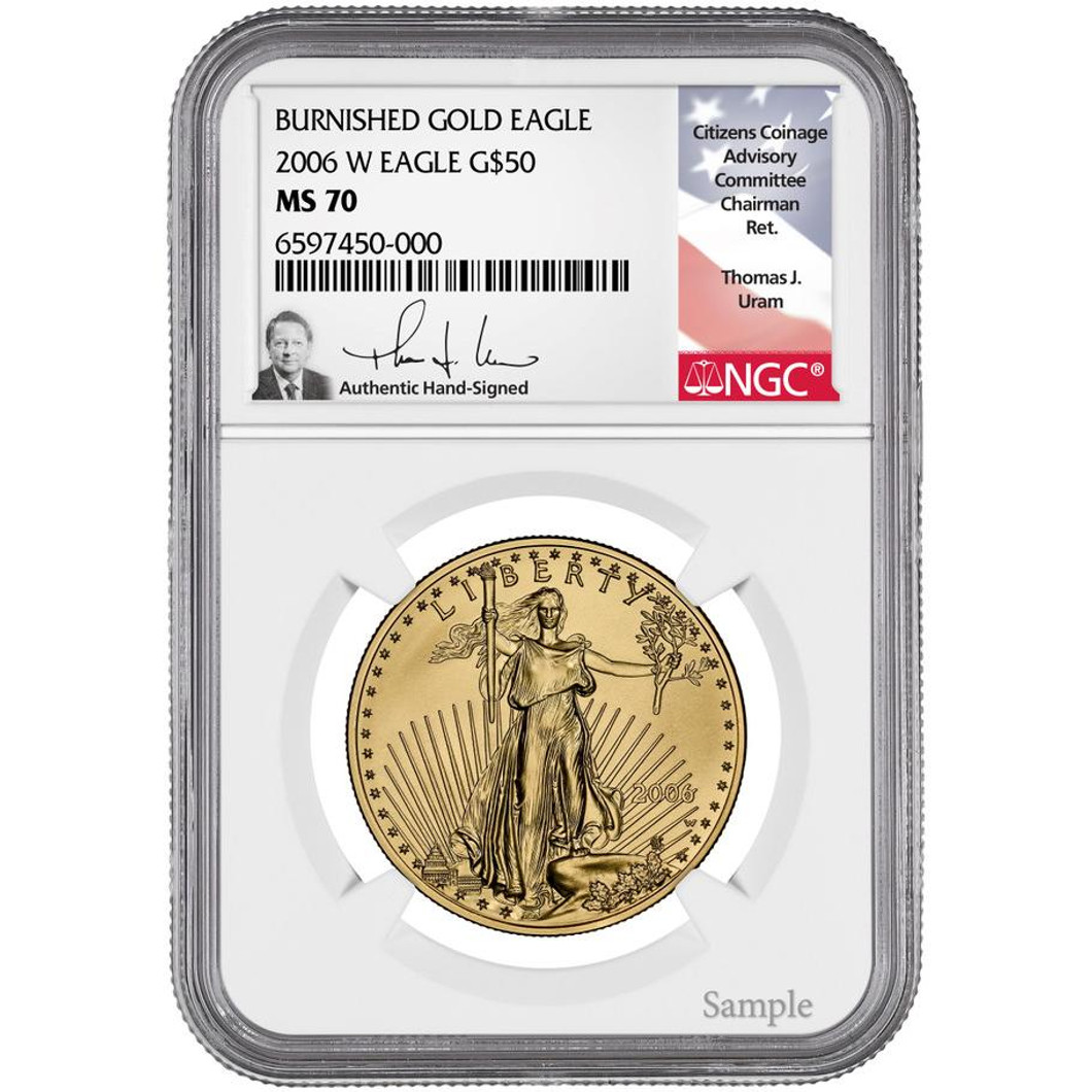 Bullionshark 2006-W $50 Burnished Gold Eagle NGC MS70 Thomas Uram Signed 