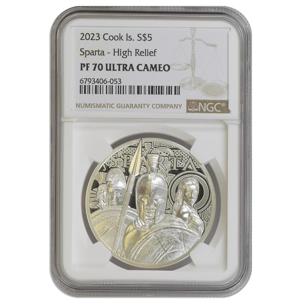 Bullionshark 2023 $5 Cook Islands 1 oz Silver Sparta NGC PF70 UCAM - High Relief 