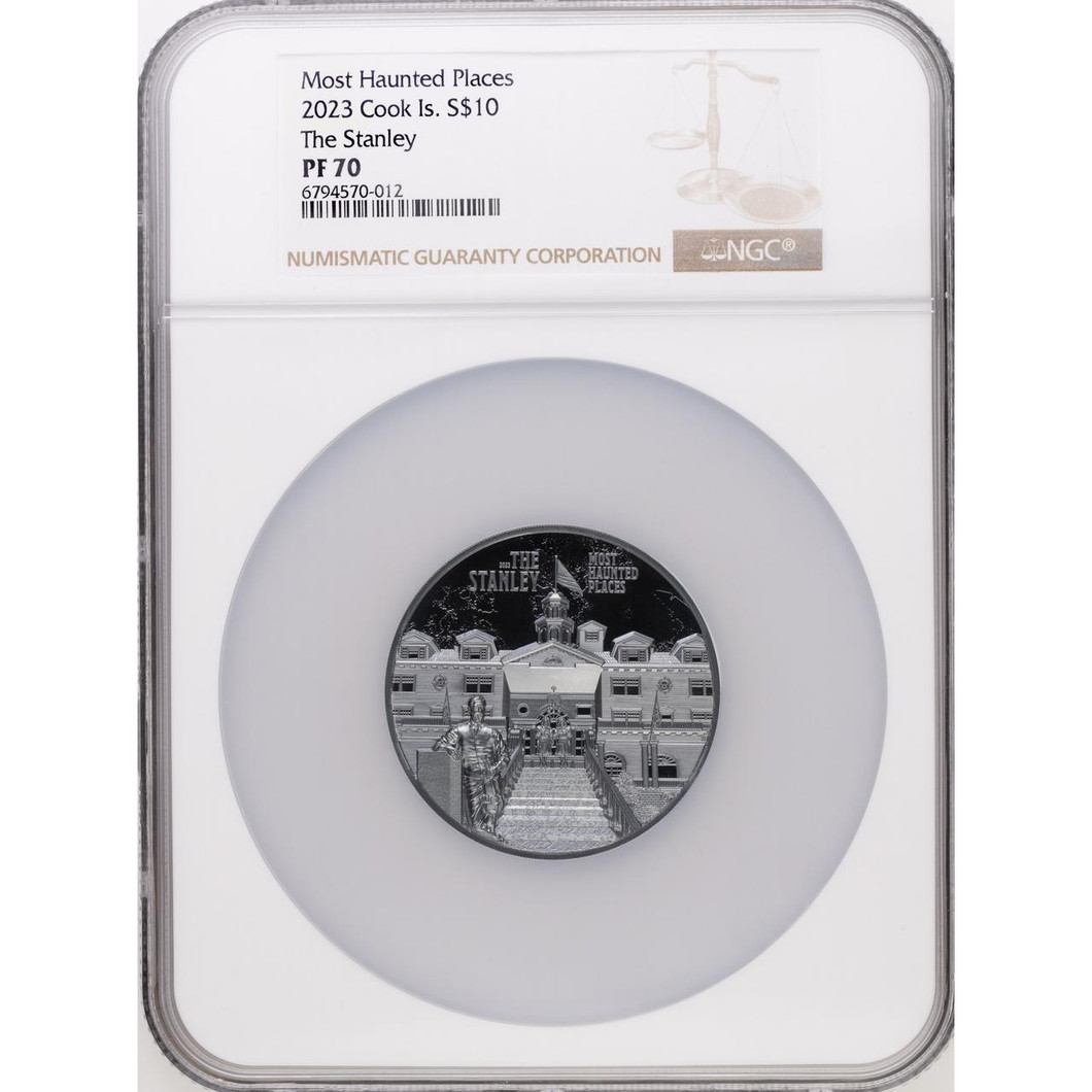 Bullionshark 2023 CI $10 Most Haunted Places - The Stanley 2oz Silver Silk Finish - NGC PF70 