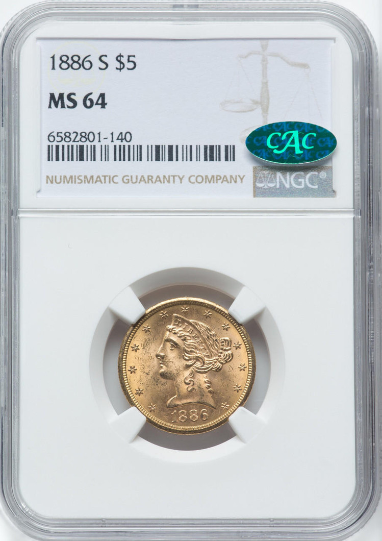 Bullionshark 1886-S $5 Gold Liberty NGC MS64 CAC - 762275009