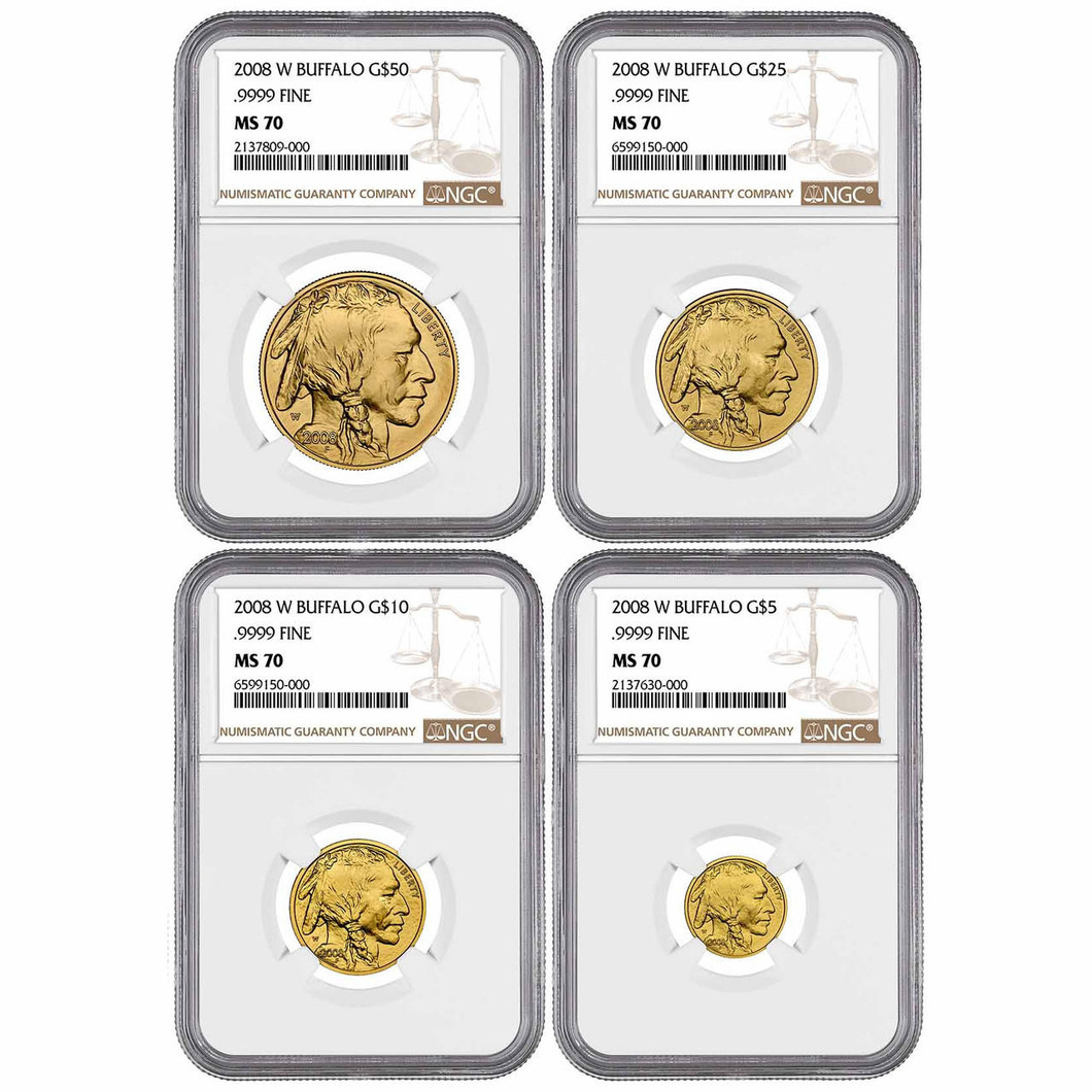 Bullionshark 2008 Burnished Gold Buffalo Set NGC MS70 - The Only Burnished Gold Buffalos Ever (4 Coins 1.85oz)