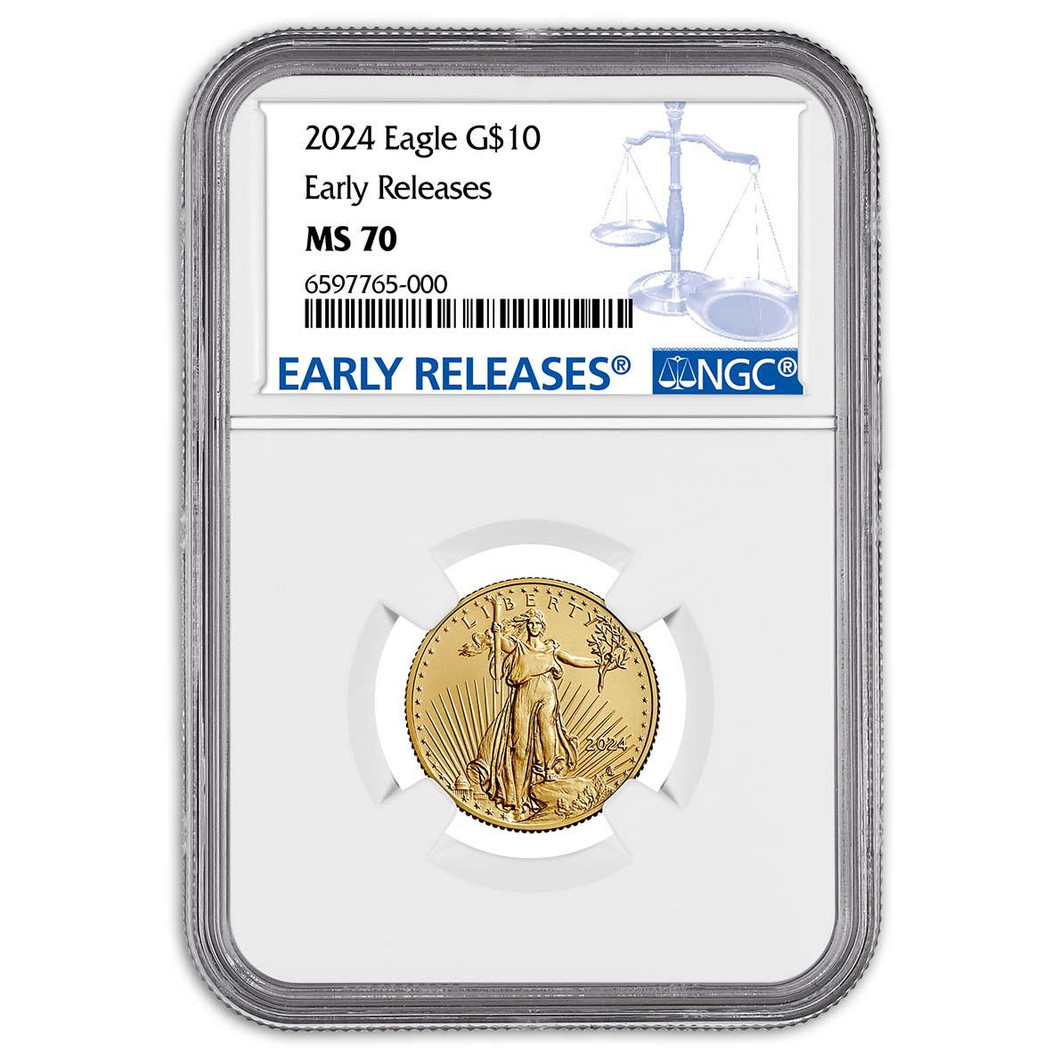Bullionshark 2024 $10 American Gold Eagle 1/4 oz NGC MS70 ER Blue Label 