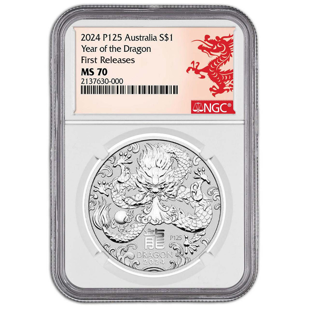 Bullionshark 2024 1 oz Silver Perth Year of the Dragon NGC MS70 First Releases 