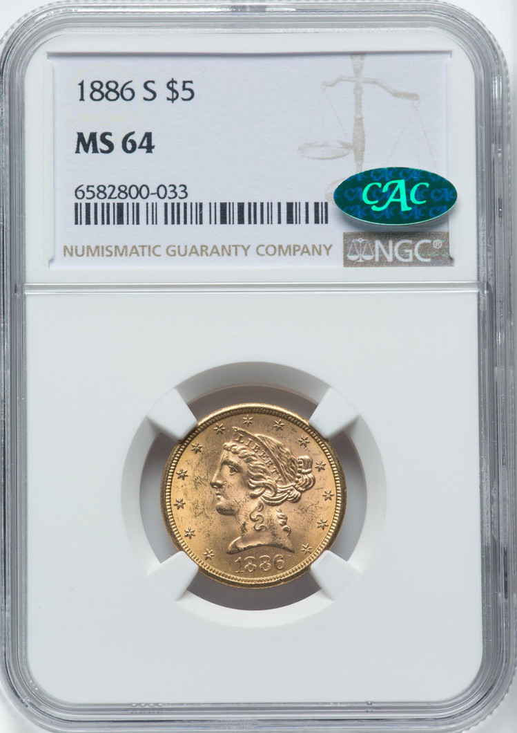 1886-S $5 Gold Liberty NGC MS64 CAC - 762275003