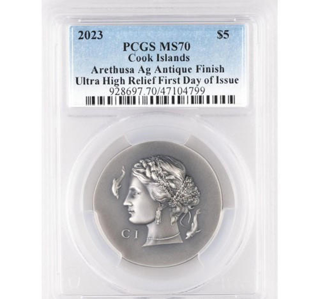 Bullionshark 2023 Cook Islands $5 Arethusa Antiqued 1oz Silver Coin MS70 PCGS 