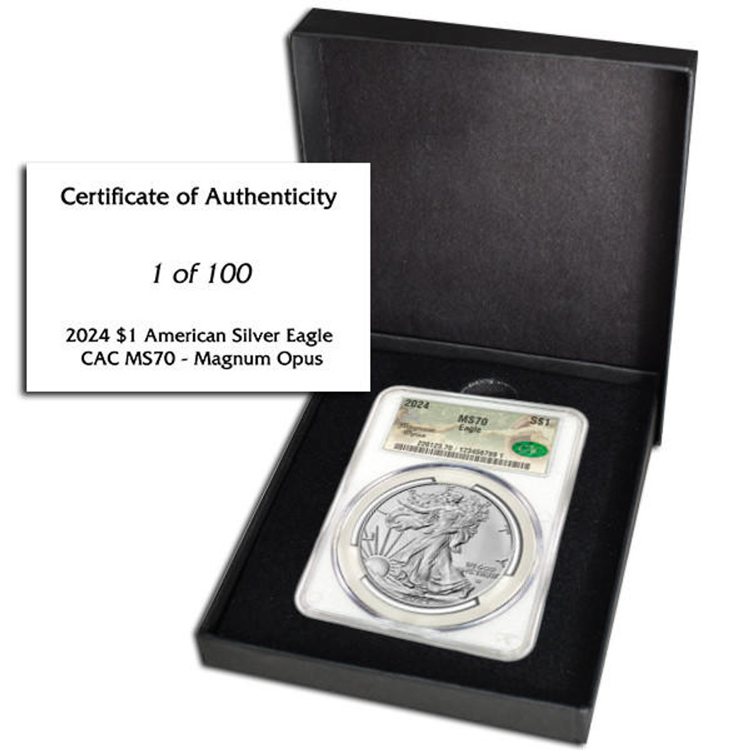 Bullionshark 2024 $1 American Silver Eagle CAC MS70 Magnum Opus Label 1 of 100 with COA and Box 