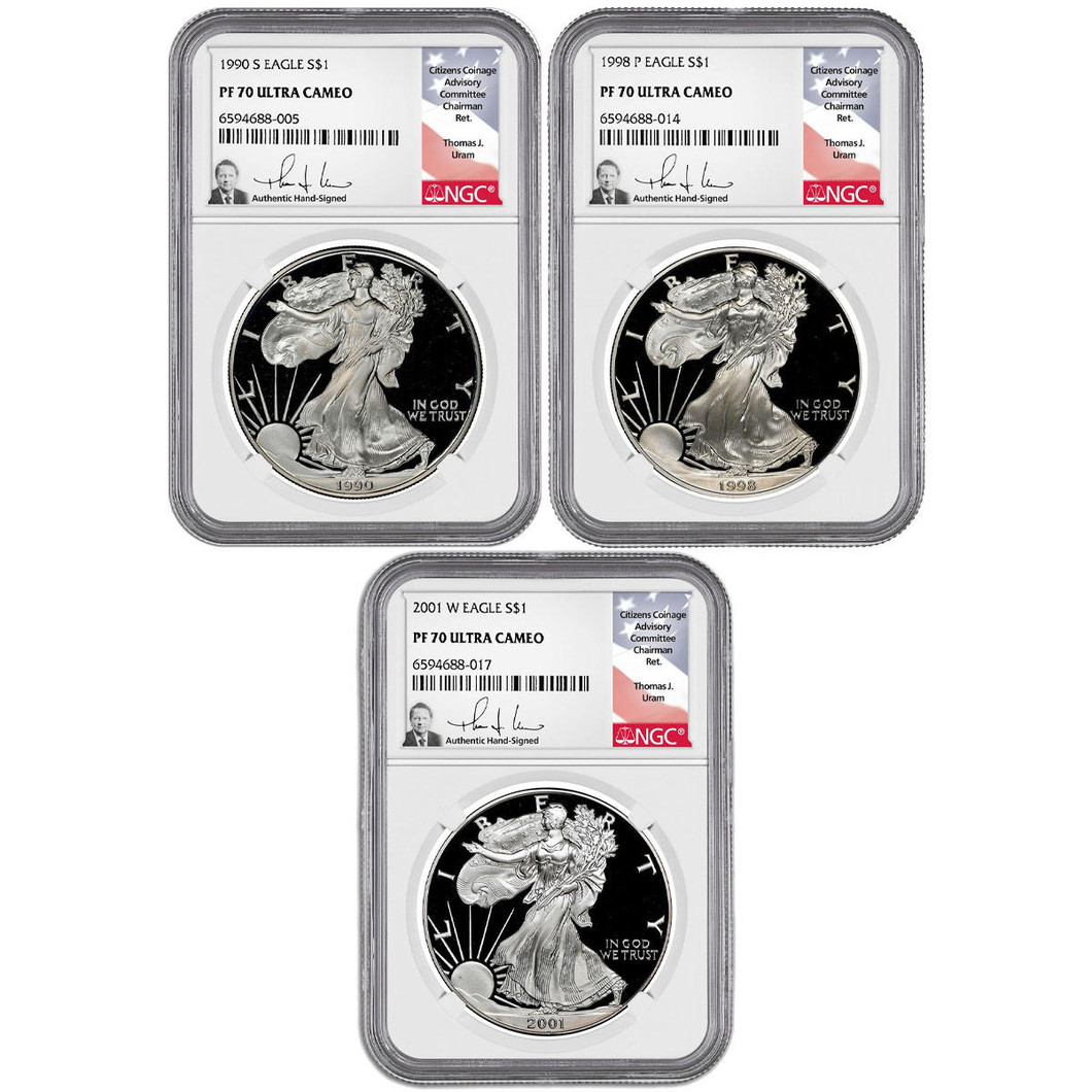 Bullionshark S,P,W Proof Silver Eagle NGC PF70 UCAM - Thomas Uram - Complete Mintmark Set 