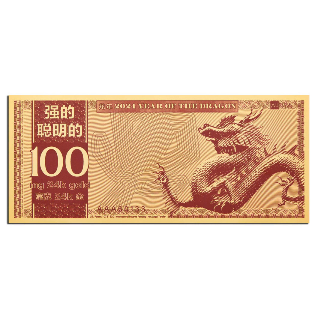 Bullionshark 2024 100 Milligram Lunar Year of the Dragon Gold Note 