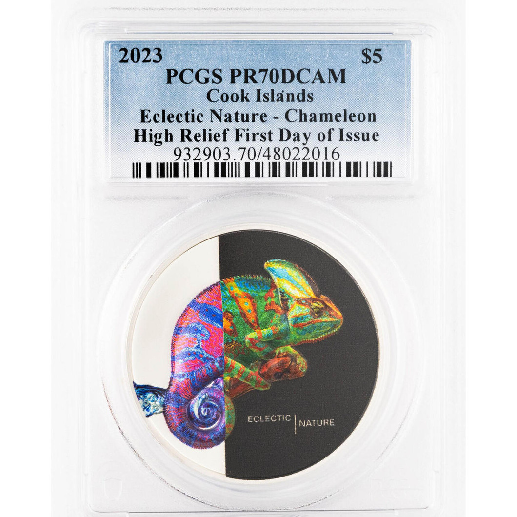 Bullionshark 2023 Cook Islands Silver Eclectic Nature - Chameleon $5 High Relief PCGS PR70DCAM First Day of Issue 