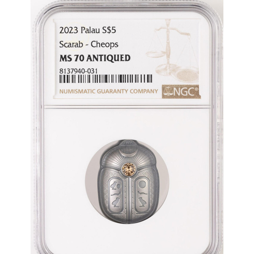 Bullionshark 2023 Palau Silver Scarab - Cheops $10 NGC MS 70 Antiqued 
