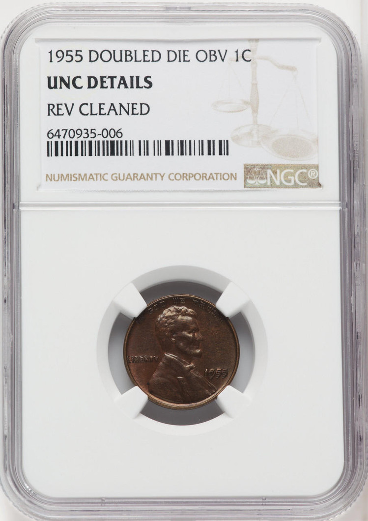  1955 Lincoln Cent DOUBLED DIE OBV NGC MS60 UNC Details REV Cleaned 