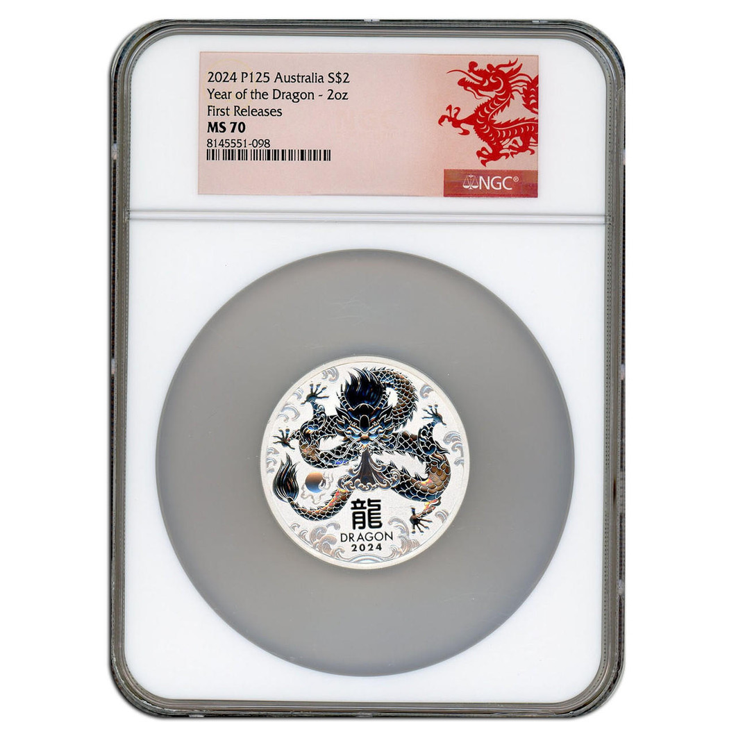 Bullionshark 2024 $2 2 oz Silver Year of the Dragon NGC MS70 - First Releases 